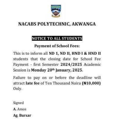 Nacabs Polytechnic, Akwanga notice on payment of school fees, 2024/2025