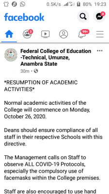 FCET Umunze notice on resumption of academic activities