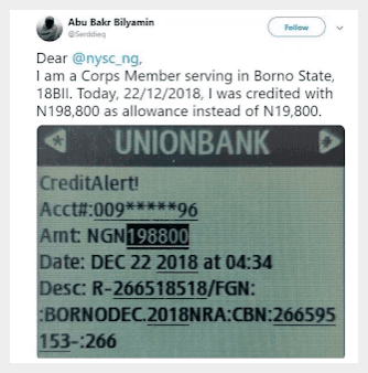 Corps Member Cries Out After He Was Credited #198,800 Instead of #19,800