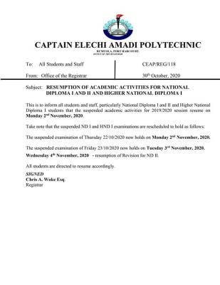 Captain Elechi Amadi Polytechnic Resumption Notice