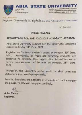 ABSU announces resumption of academic activities for 2020/2021 session