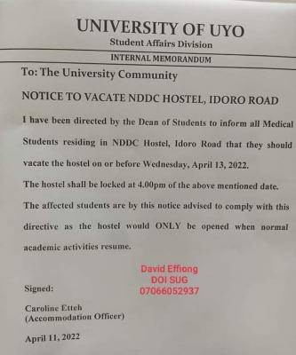 UNIUYO directs medical students to vacate NDDC hostel