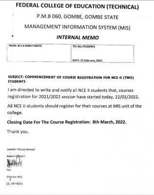 FCE Gombe notice on commencement of course registration for NCE II students