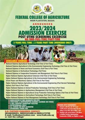 Federal College Of Agriculture, Moor Plantation ND/HND full-time & part-time admission, 2023/2024