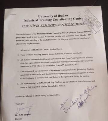 UI notice on SIWES seminar presentation