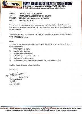 ECWA College of Health Technology, Kogoro announces resumption date