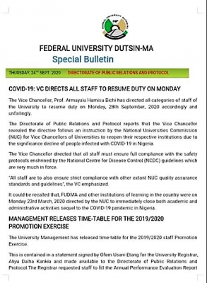 FUDutsinma directs all staff to resume on Monday, Sept 28th