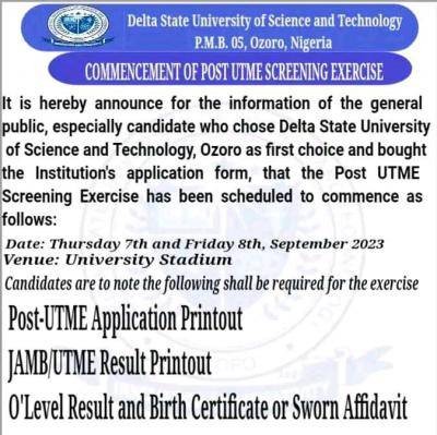 DSUST notice of Post UTME screening exercise dates, 2023/2024