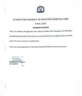 Sa'adatu Rimi University of Education notice on upload of O'Level results