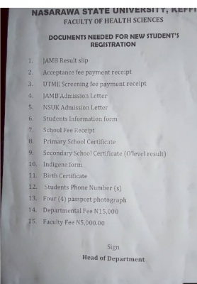 NSUK registration requirements for Faculty of Health Science newly admitted students