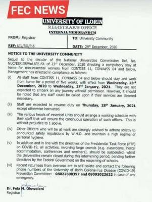 UNILORIN notice to staff on resumption