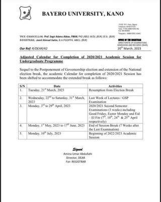 BUK adjusted calendar for completion of 2020/2021 session