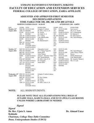 FCE, Zaria in Affiliation to Usman Danfodiyo University 1st semester exam timetable, 2021/2022