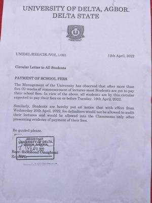 UNIDEL announces deadline for payment of school fees