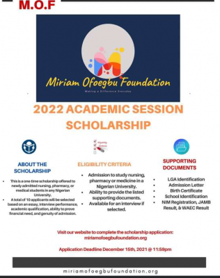 Miriam Ofoegbu Foundation Scholarship Application for 2022 Session
