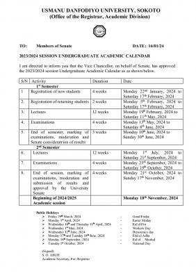 UDUS releases undergraduate academic calendar for 2023/2023 session