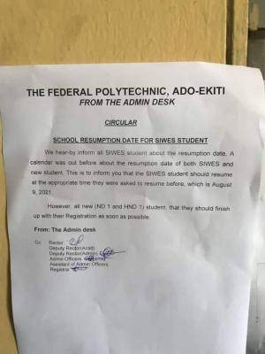 Fed Poly Ado-Ekiti resumption date for SIWES students