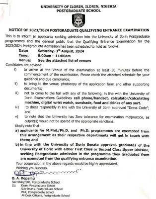 UNILORIN notice to prospective postgraduate students, 2023/2024 regarding the qualifying exam