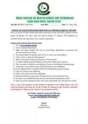 Misau College Of Health Tech notice of online registration for fresh students, 2024/2025