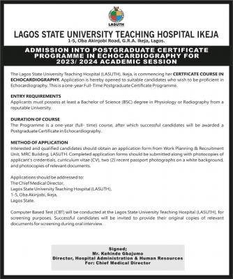 LASUTH Postgraduate admission in Echocardiography, 2023/2024