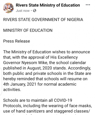 Rivers State notice on resumption of schools