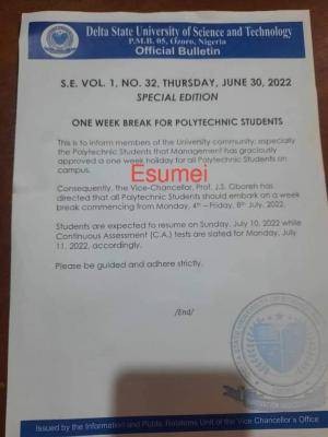 DSUST announces one week break for polytechnic students