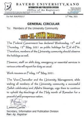 BUK notice on Eid el-Fitr break