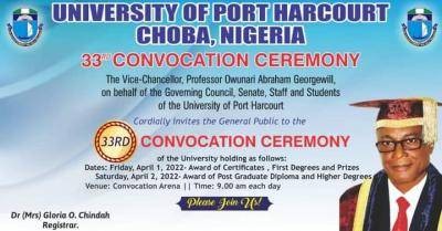 UNIPORT announces 33rd convocation ceremony