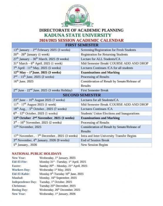 KASU academic calendar, 2024/2025