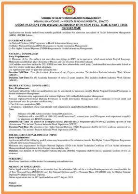 UDUTH School of Health Information & Management Full-Time/Part-time form, 2023/2024