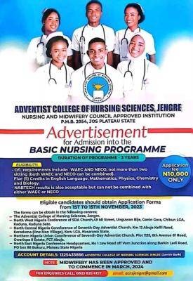 Adventist College of Nursing Sciences, Jengre admission into Basic Nursing for 2023/2024 session