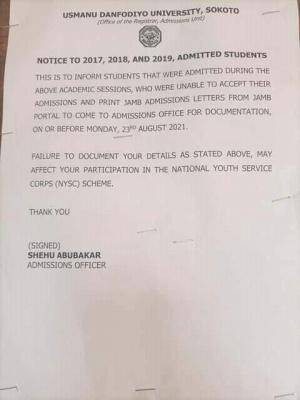 UDUSOK notice to students admitted in 2017, 2018 and 2019