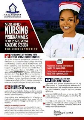 Cross Rivers State College of Nursing and Midwifery Science, Itigidi Post-UTME 2023: Cut-off mark, Screening date, Eligibility and Registration Details