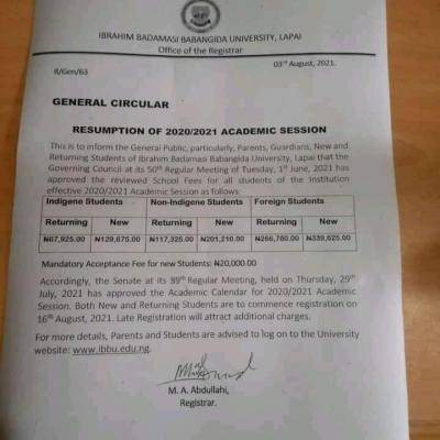 IBBUL notice on commencement of 202/2021 session and school fees structure