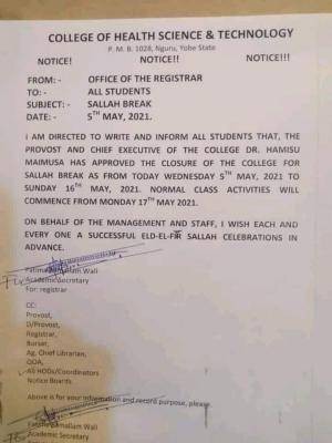 College of Health, Nguru announces Sallah break