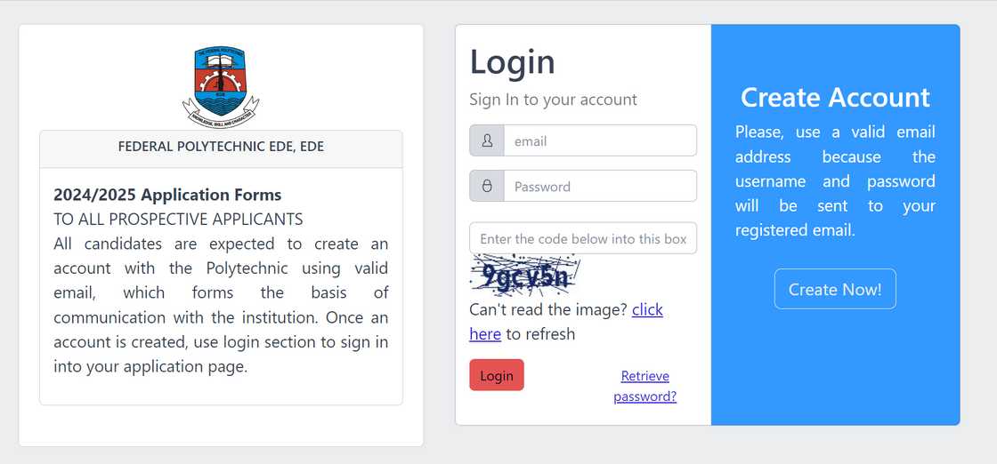 Federal Polytechnic Ede application sign in homepage