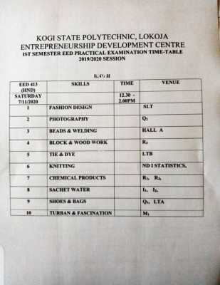 KSP 1st semester EED practical exam time-table for 2019/2020 session