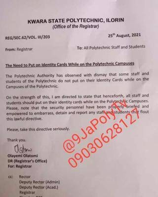 Kwara Poly advises staff and students to put on ID cards while on campus