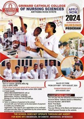 Grimard Catholic College of Nursing Sciences Nursing admission form, 2024/2025