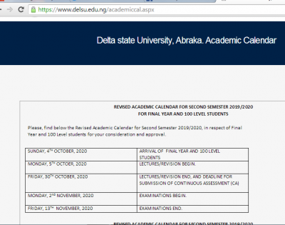 DELSU revised academic calendar for 2019/2020 session