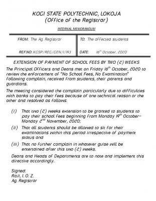 Kogi Poly extends registration deadline by two (2) weeks with conditions