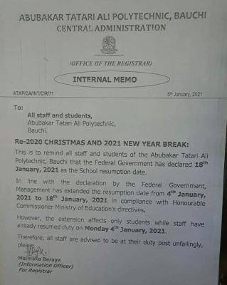 Abubakar Tatari Ali Polytechnic resumption notice to staff and students