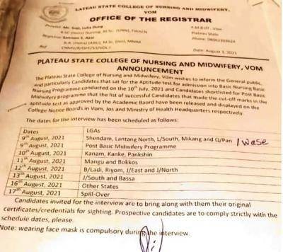 Plateau State College of Nursing & Midwifery interview details for successful candidates, 2021/2022