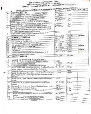 Fed Poly Idah revised approved academic calendar, 2022/2023