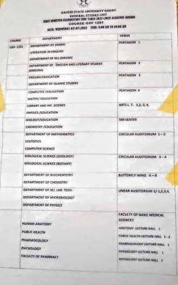 BASUG GSP first semester examination timetable, 2020/2021