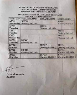 AAU Ekpoma second semester examination timetable, 2020/2021