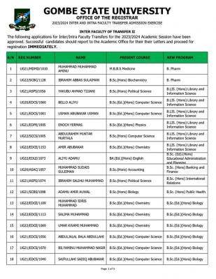 GOMSU releases 2nd Inter/Intra Faculty transfer list, 2023/2024 session