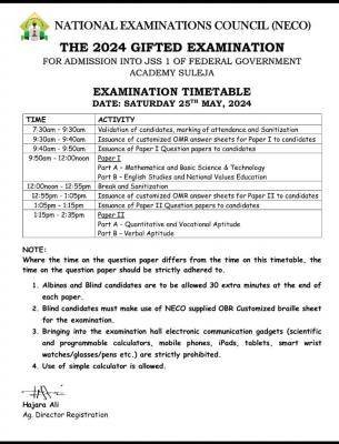 NECO releases 2024 Gifted examination timetable