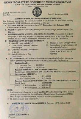 Akwa Ibom College of Nursing Sciences releases ND/HND Nursing form, 2024/2025