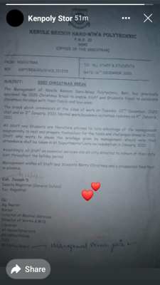 KENPOLY notice on Christmas break